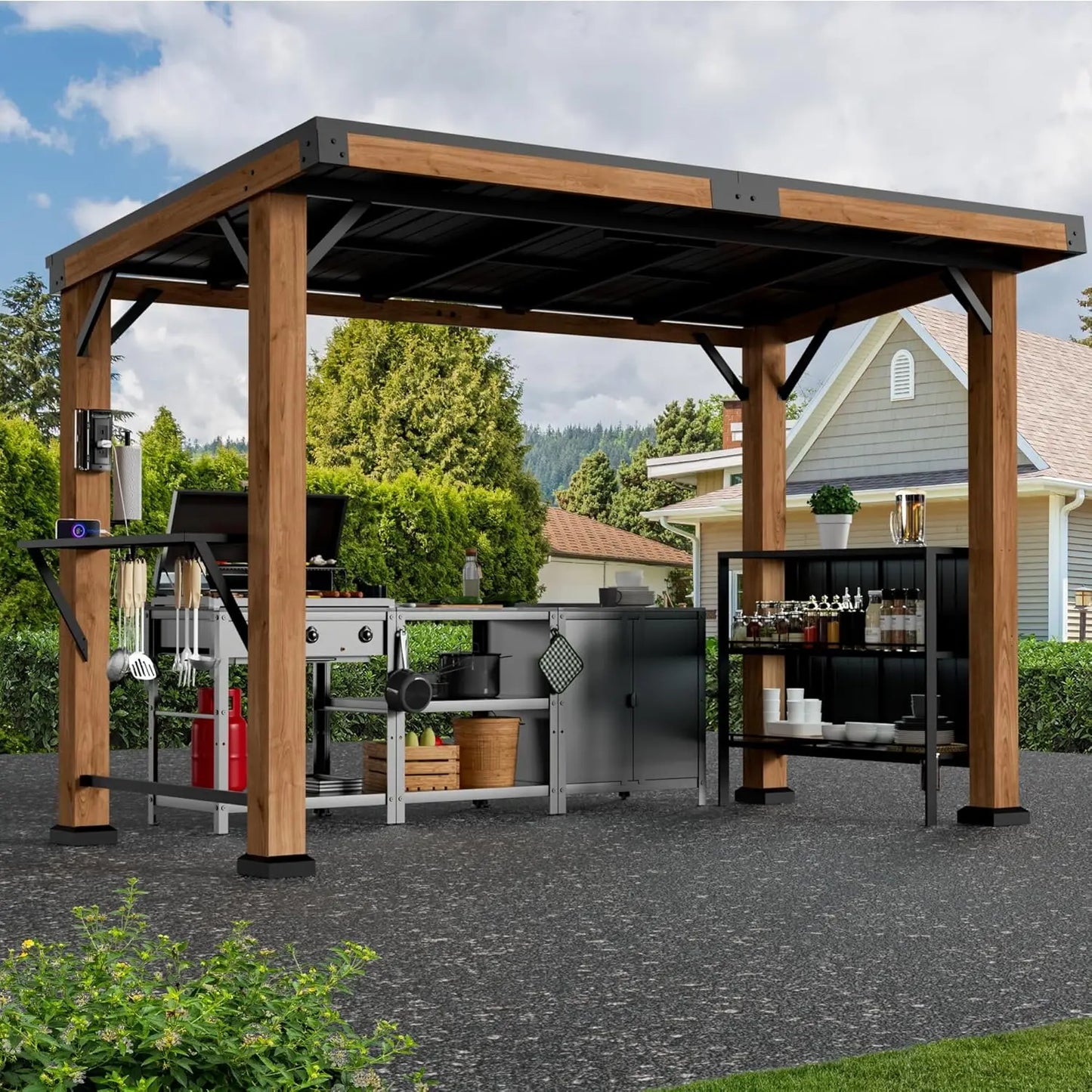 Modern Shade Woodberry Grill Gazebo 6' X 12', Cedar Wood Gazebo with Dual bar Tops & Shelves, Patio Bar with Galvanized, Custom