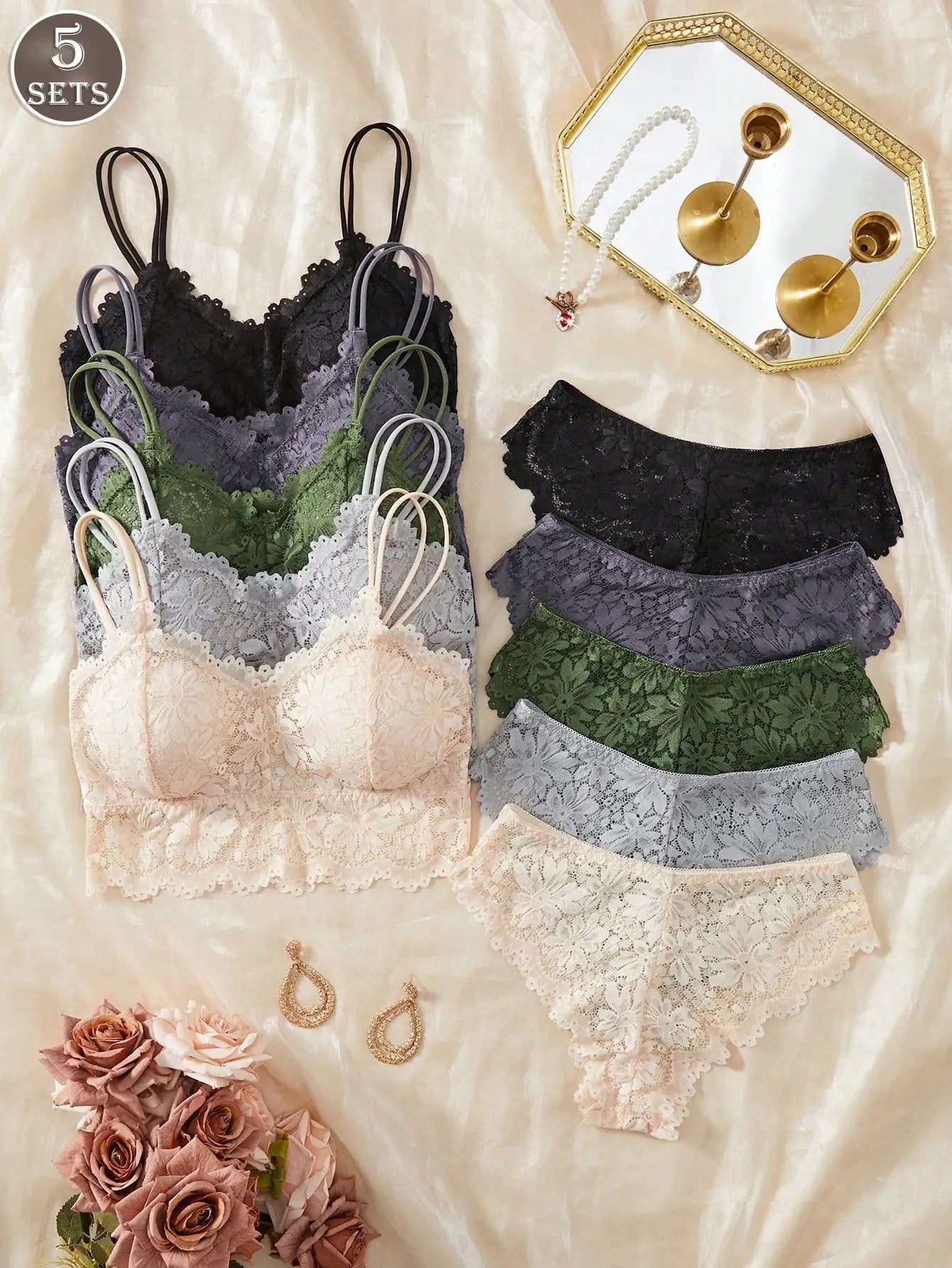 5 Sets Women Lace Bra And Brief Set With Padded Cup Thin Strap