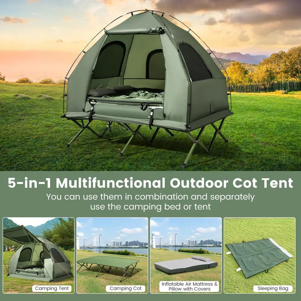 Camping Tent Cot, 5in1 Folding Camping Bed with Air Mattress, Pillow, Sleeping Bag, Waterproof Elevated Tent Shelter, Portable
