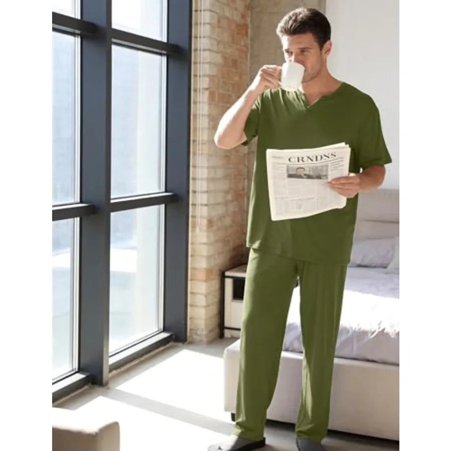 Sykooria Mens 3 Pcs Pajama Set Short Sleeve Sleepwear with Shorts and Pants Set Lightweight Soft Loungewear S-3XL
