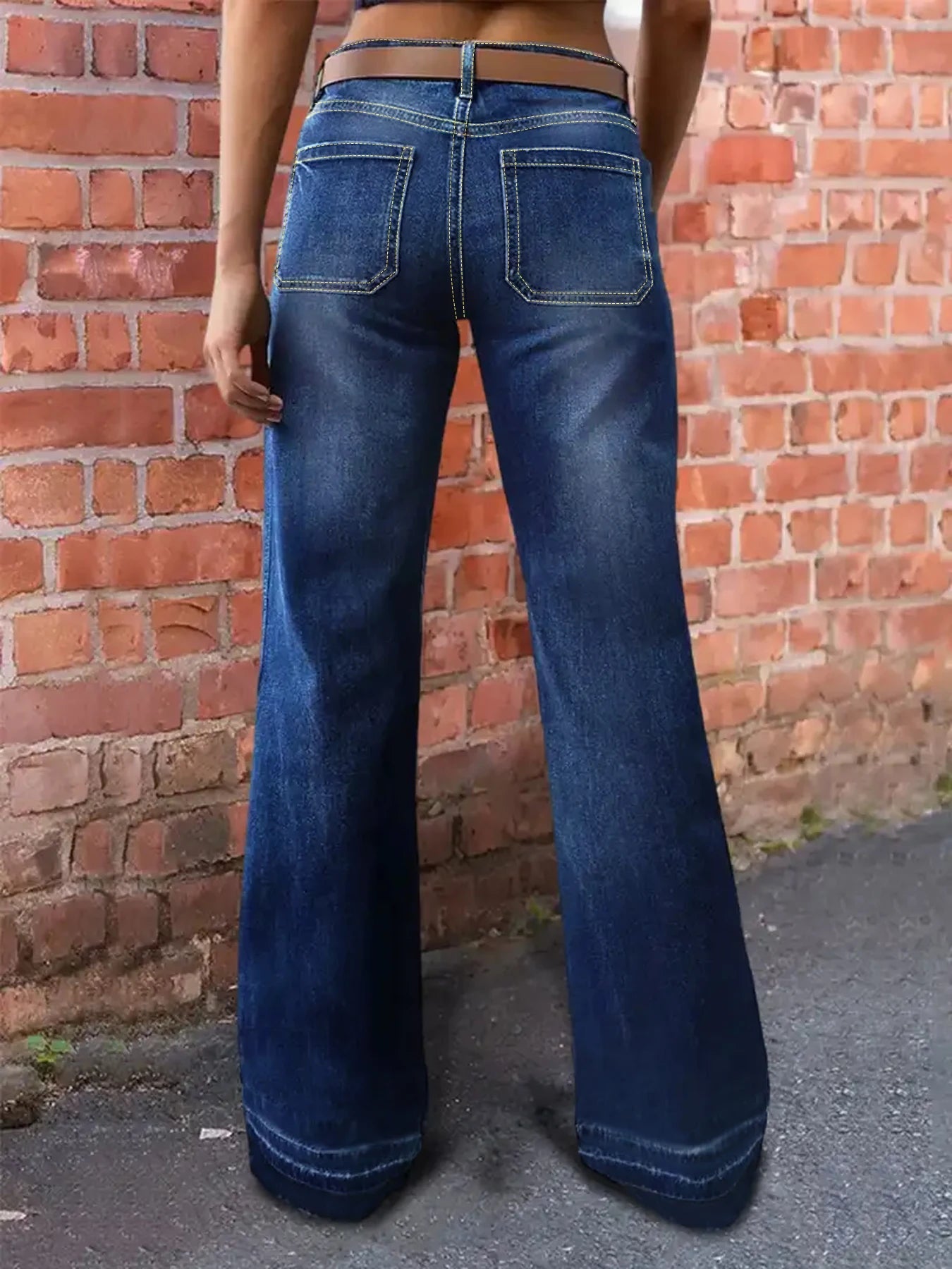 Plus Size Women's Dark Wash Mid Rise Wide Leg Jeans, Contrast Stitching, Casual Loose Fit Vintage Straight Denim Trousers