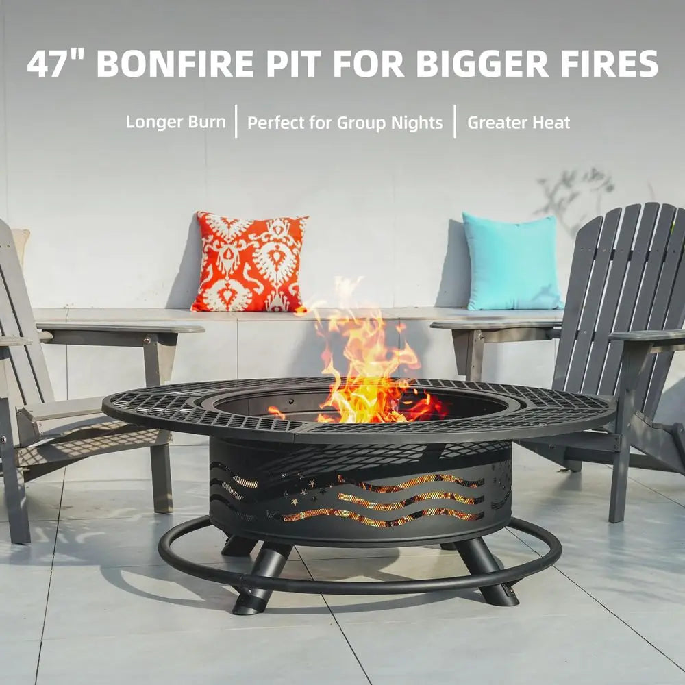 47 Inch Fire Pit with 2 Cooking Grates, Outdoor Wood Burning BBQ Grill Firepit Bowl with Cover Lid, Steel Round Table for Backy