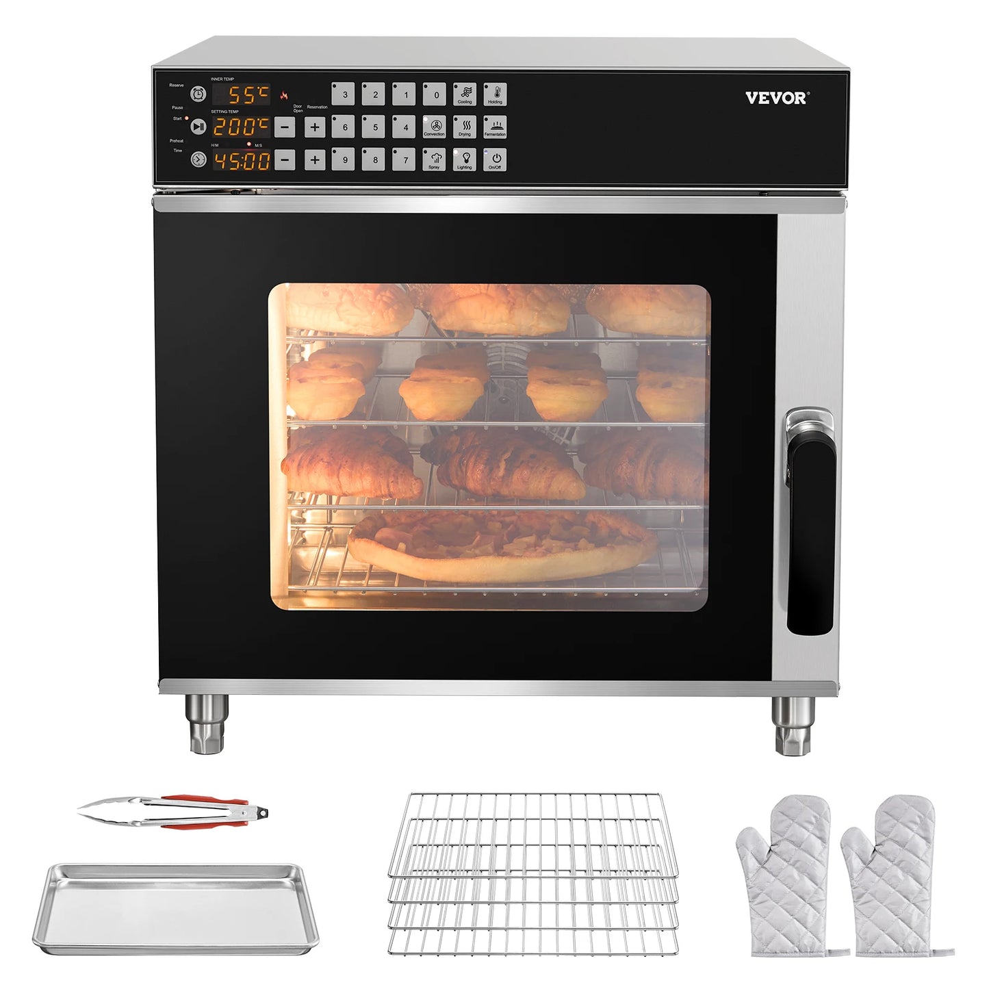 SucceBuy Commercial Convection Oven 58L 2800W 4-Tier Toaster Oven with Tempered Glass Door Racks Clip Tray Gloves for Restaurant