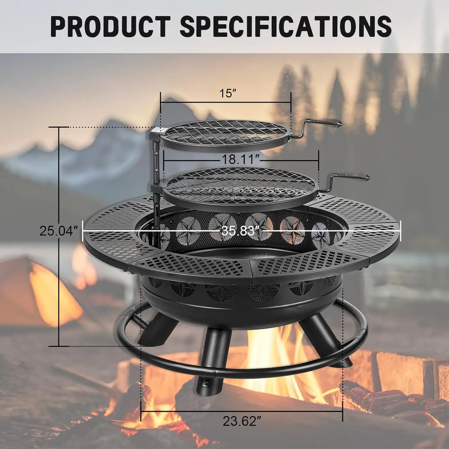 36 Inch Fire Pit with 2 Cooking Grills,Outdoor Wood Burning BBQ Firepit with Lid, 3-in-1 Outdoor Fire Pit for Backyard