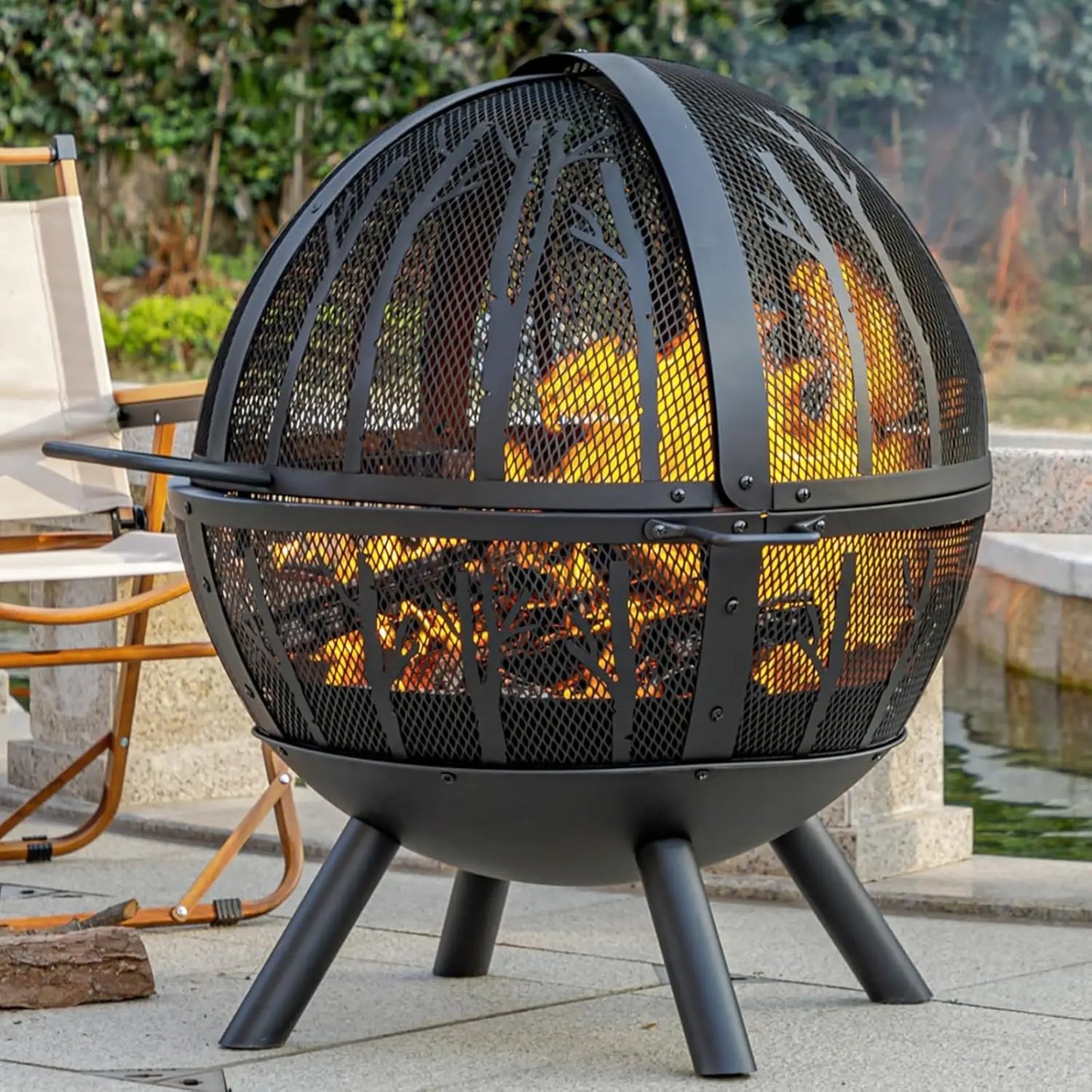 35 Inch Wood Burning Fire Pit with BBQ Grill, Heavy Duty Fire Pits Ball for Outside with Spark Screen & Removable Ash Pan,