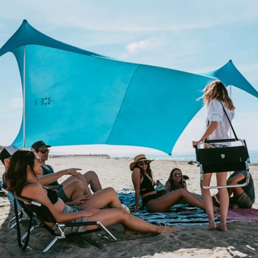 Portable beach tent for family outings, lightweight polyester fabric, navy blue, UPF 50+ sun protection and patented reinforced