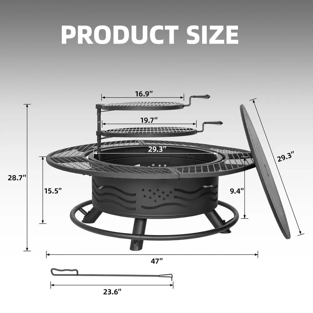 47 Inch Fire Pit with 2 Cooking Grates, Outdoor Wood Burning BBQ Grill Firepit Bowl with Cover Lid, Steel Round Table for Backy