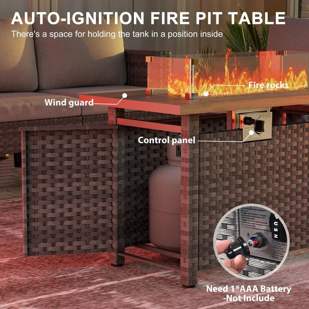 Fire Pit Table with Wind Guard for Outdoor, AutoIgnition Propane Gas Firepits Rattan Rectangular Table for Outside Patio 60,000