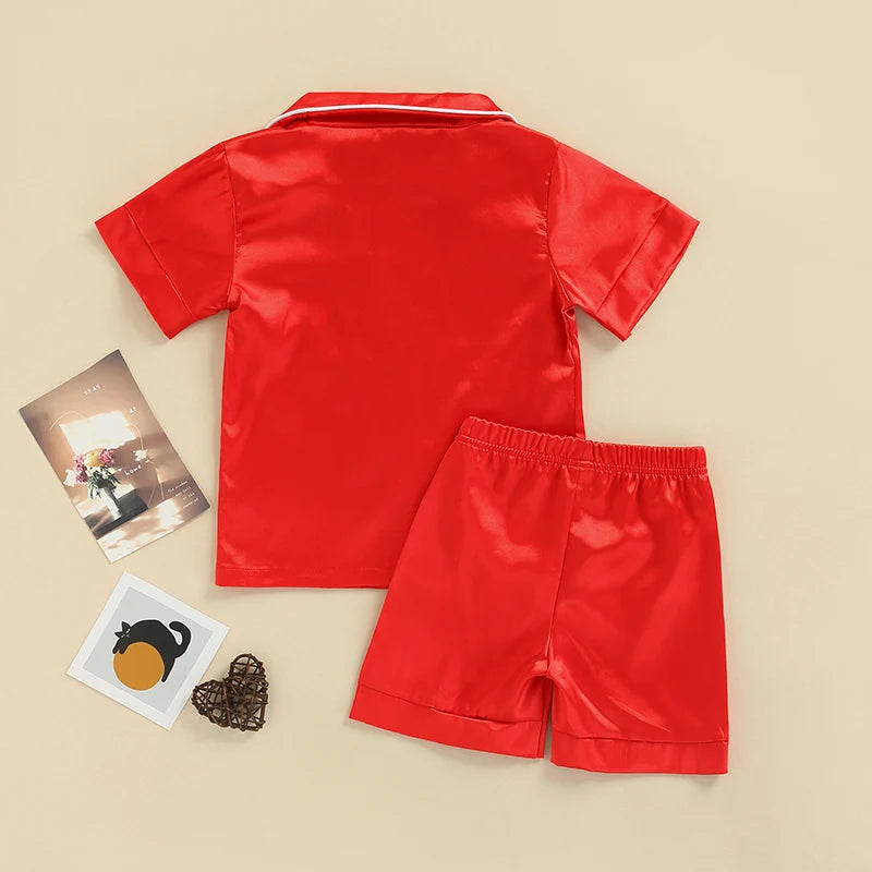 Kids 2 Pieces Pajamas Outfits Red Cow Pattern Print Colorful Short Sleeve Tops Elastic Waist Shorts Boys Girls Sleepwear Set