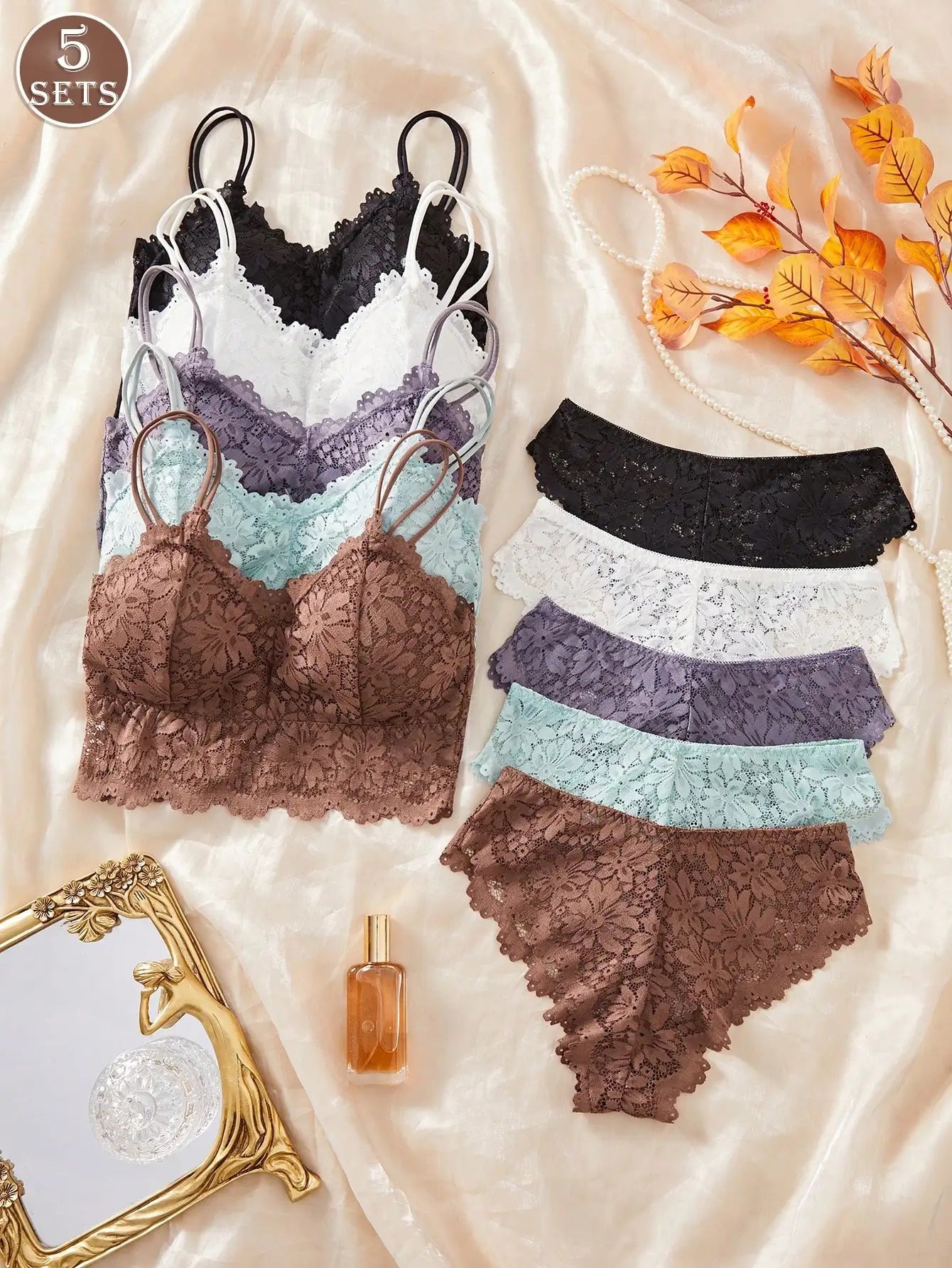5 Sets Women Lace Bra And Brief Set With Padded Cup Thin Strap