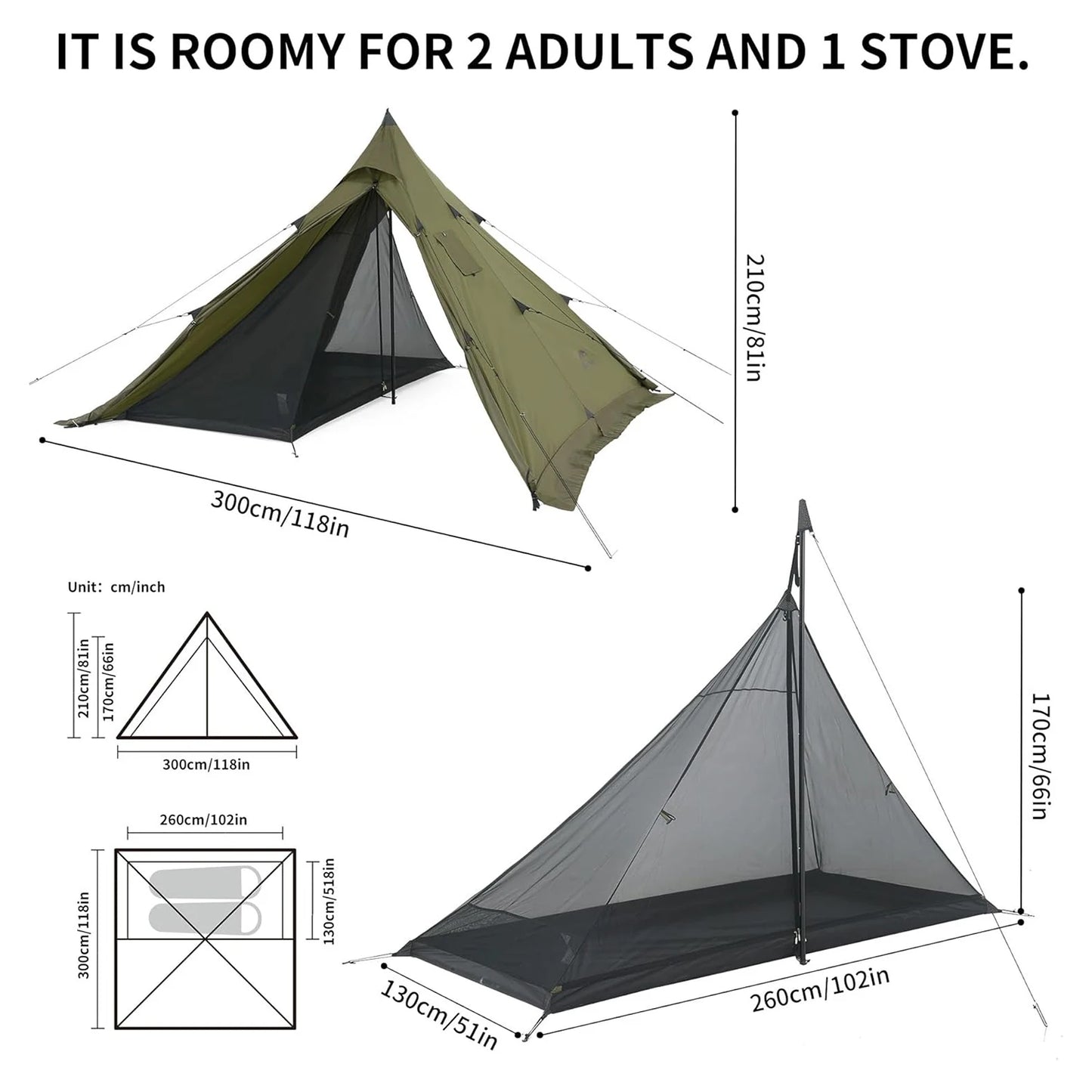 Naturehike Camping Tent with Chimney Window 2-4 Person Outdoor Ultralight Tipi Teepee Tent Pyramid Double Layer Flame-retardant
