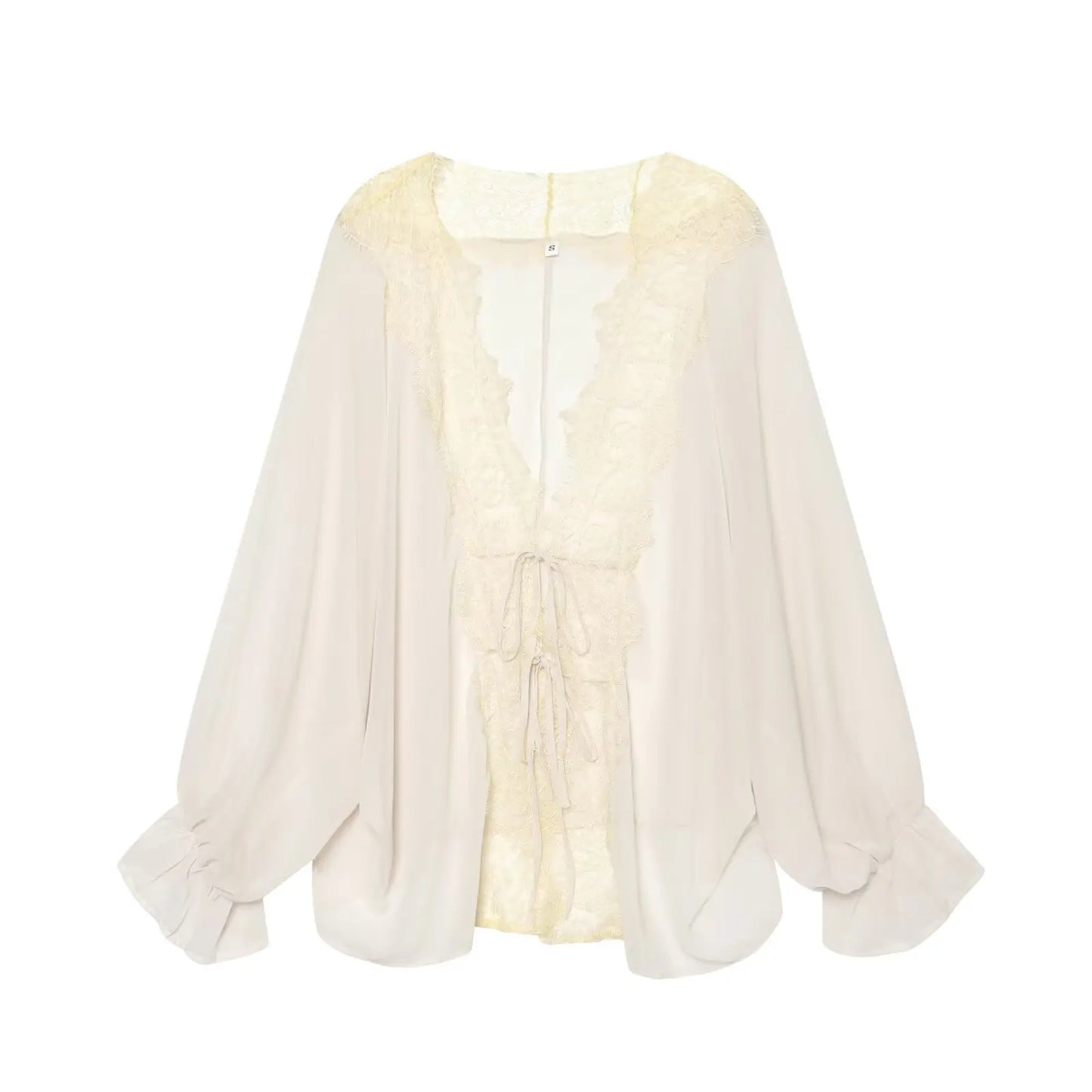 TFMLN Women Lace Patchwork Lantern Long Sleeve Shirt Top Tie-up Loose Sheer Blouse Elegant Irregular High Street Fashion Lady