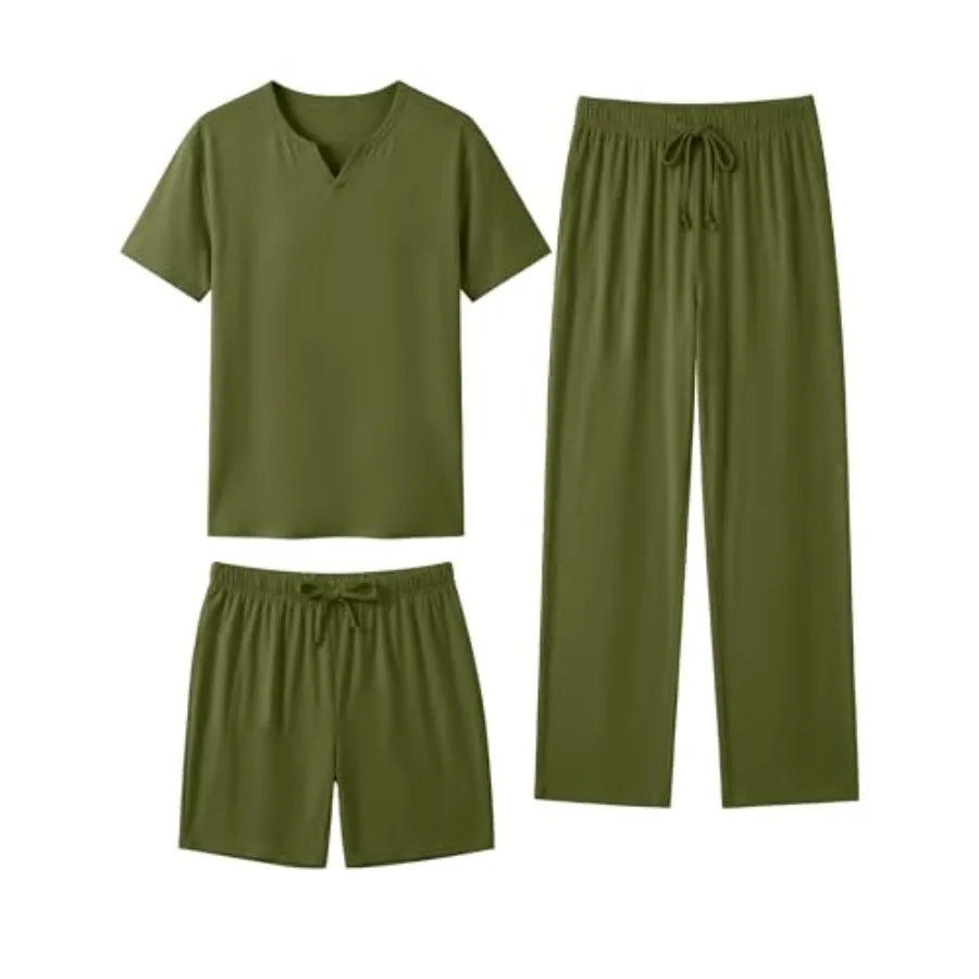 Sykooria Mens 3 Pcs Pajama Set Short Sleeve Sleepwear with Shorts and Pants Set Lightweight Soft Loungewear S-3XL