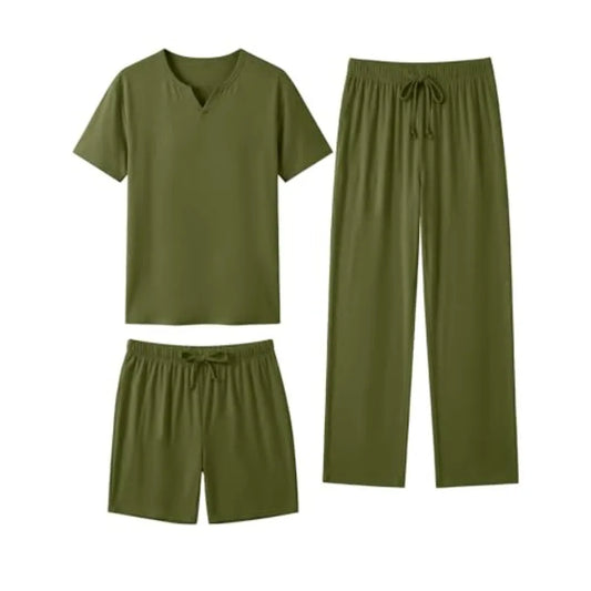 Sykooria Mens 3 Pcs Pajama Set Short Sleeve Sleepwear with Shorts and Pants Set Lightweight Soft Loungewear S-3XL