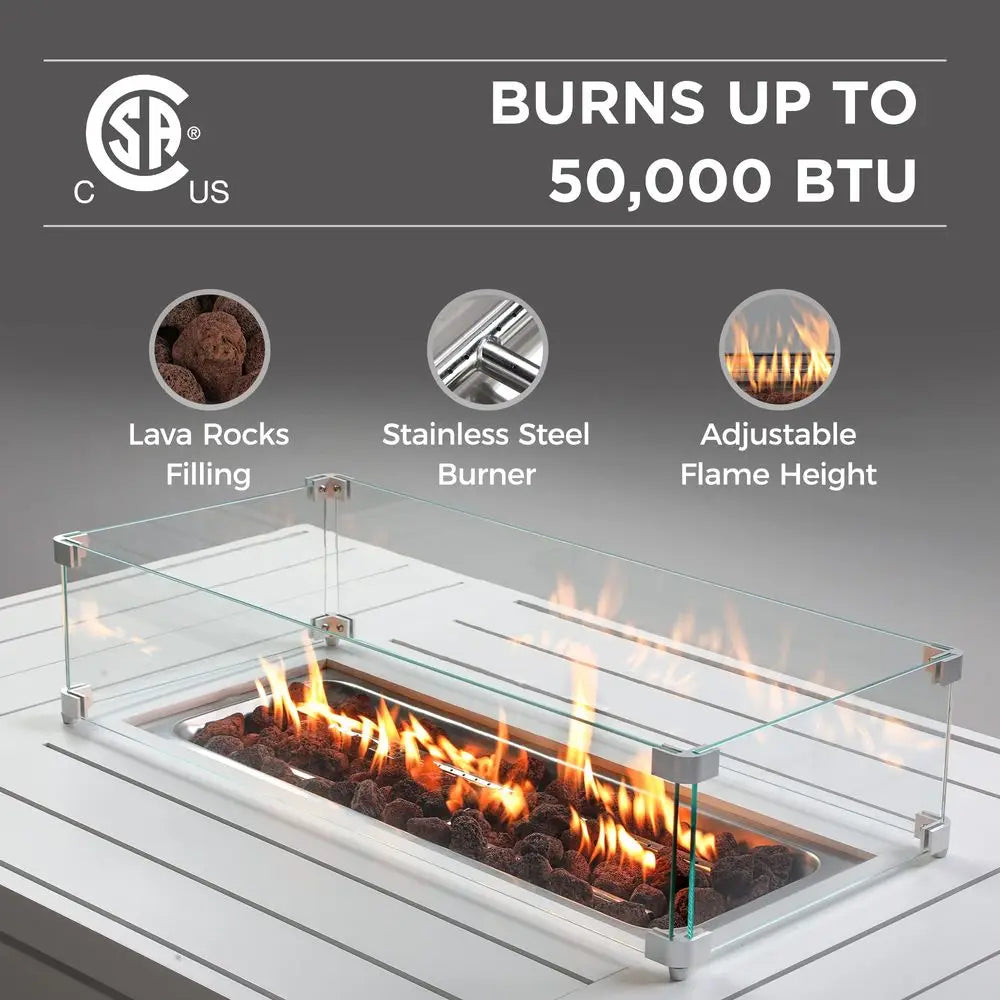 54.3 Outdoor Patio Aluminum Fire Pit Table, 50000 BTU CSA Certified Propane Gas Fire Pit, Rectangular Fire Table w Stainless Bu
