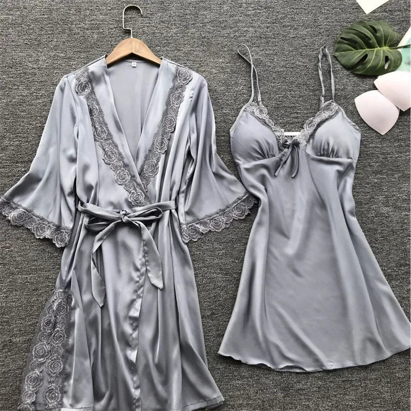 2PCS Female Lace Pajamas Set Satin Home Pyjamamas Lace Robe Sleep Suit V-Neck Wedding Nightwear Silk Dress Women Sleepwear