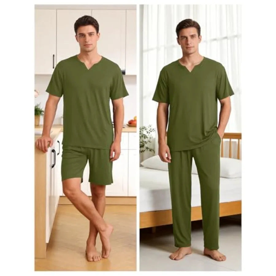 Sykooria Mens 3 Pcs Pajama Set Short Sleeve Sleepwear with Shorts and Pants Set Lightweight Soft Loungewear S-3XL