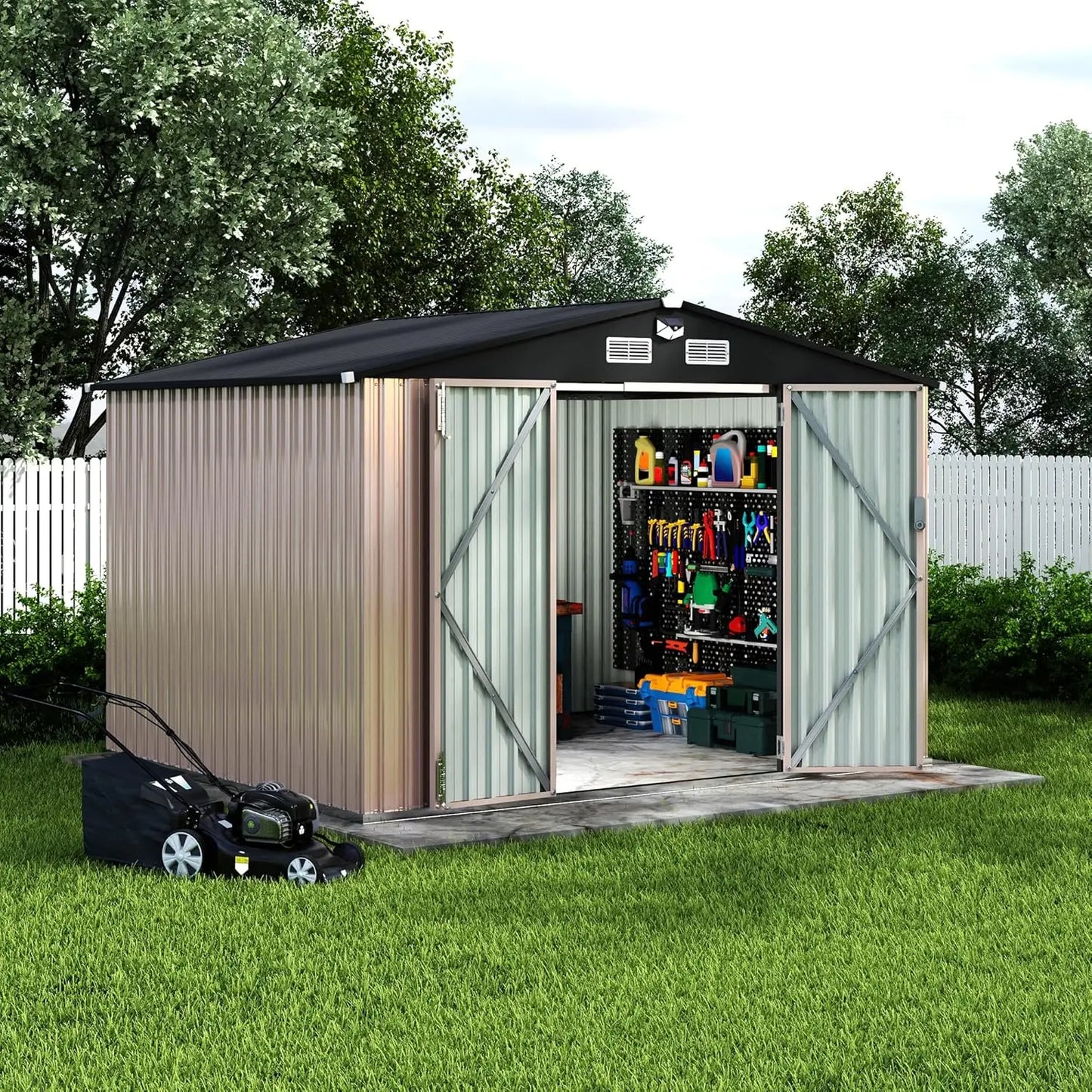 8x10 FT Metal Storage Sheds Outdoor with Solar Light, MetalTool Shed with Lockable Door, MetalYard Sheds Garden, Customized