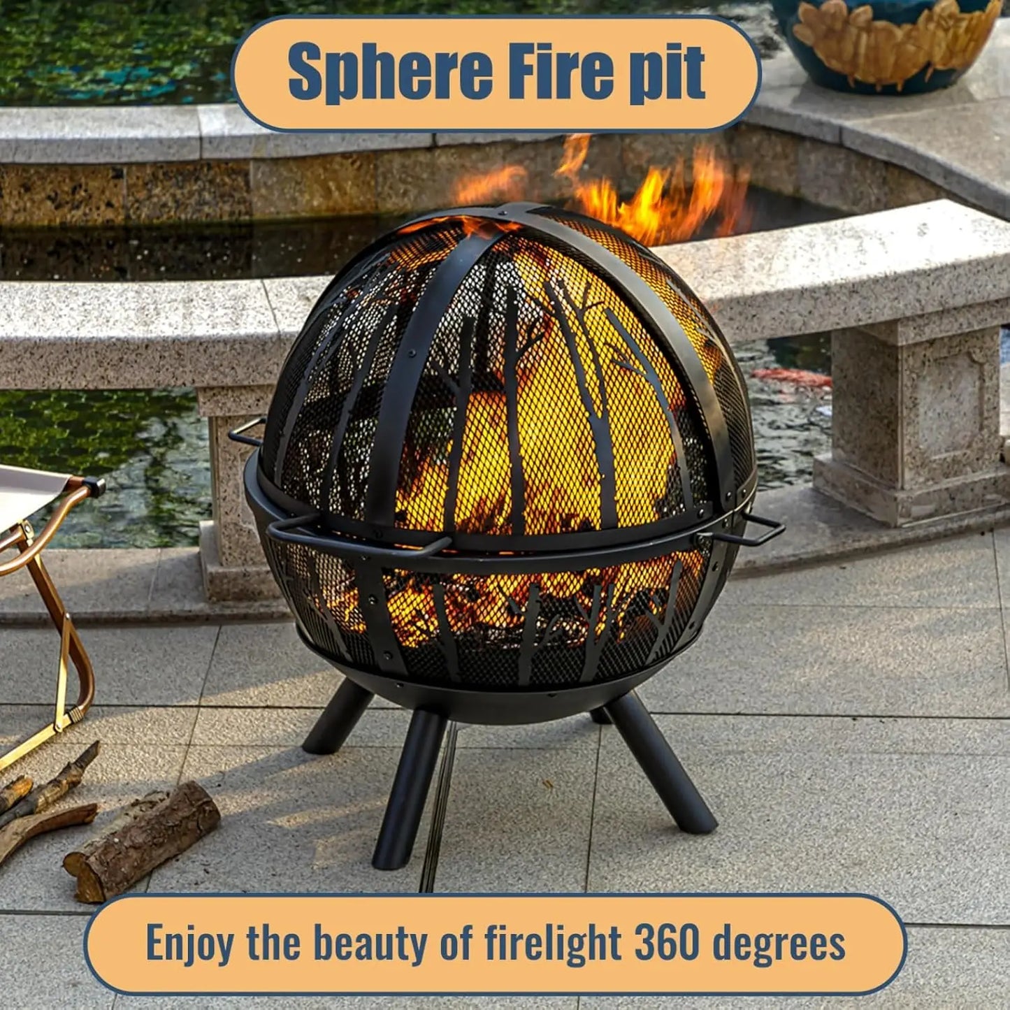 35 Inch Wood Burning Fire Pit with BBQ Grill, Heavy Duty Fire Pits Ball for Outside with Spark Screen & Removable Ash Pan,