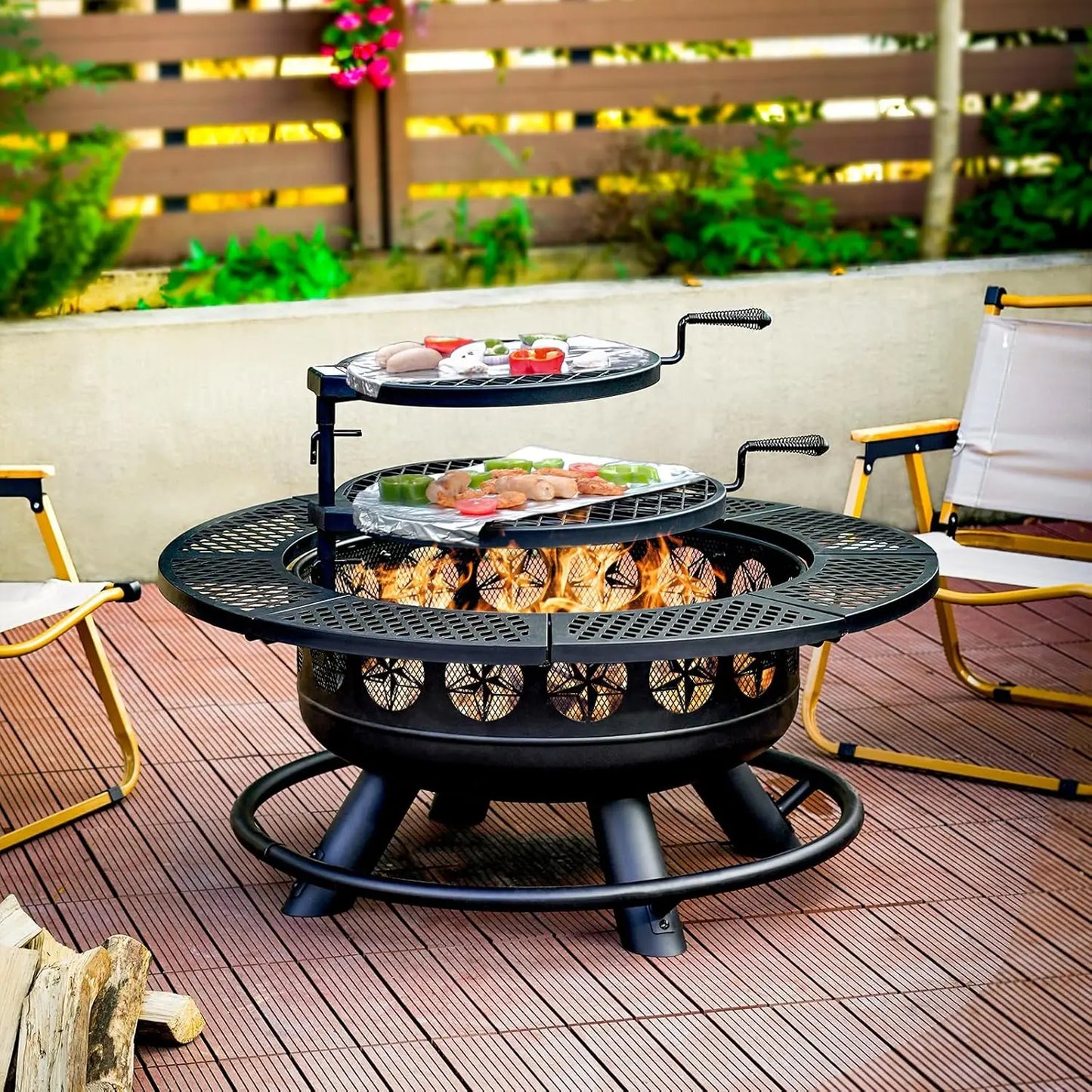 36 Inch Fire Pit with 2 Cooking Grills,Outdoor Wood Burning BBQ Firepit with Lid, 3-in-1 Outdoor Fire Pit for Backyard