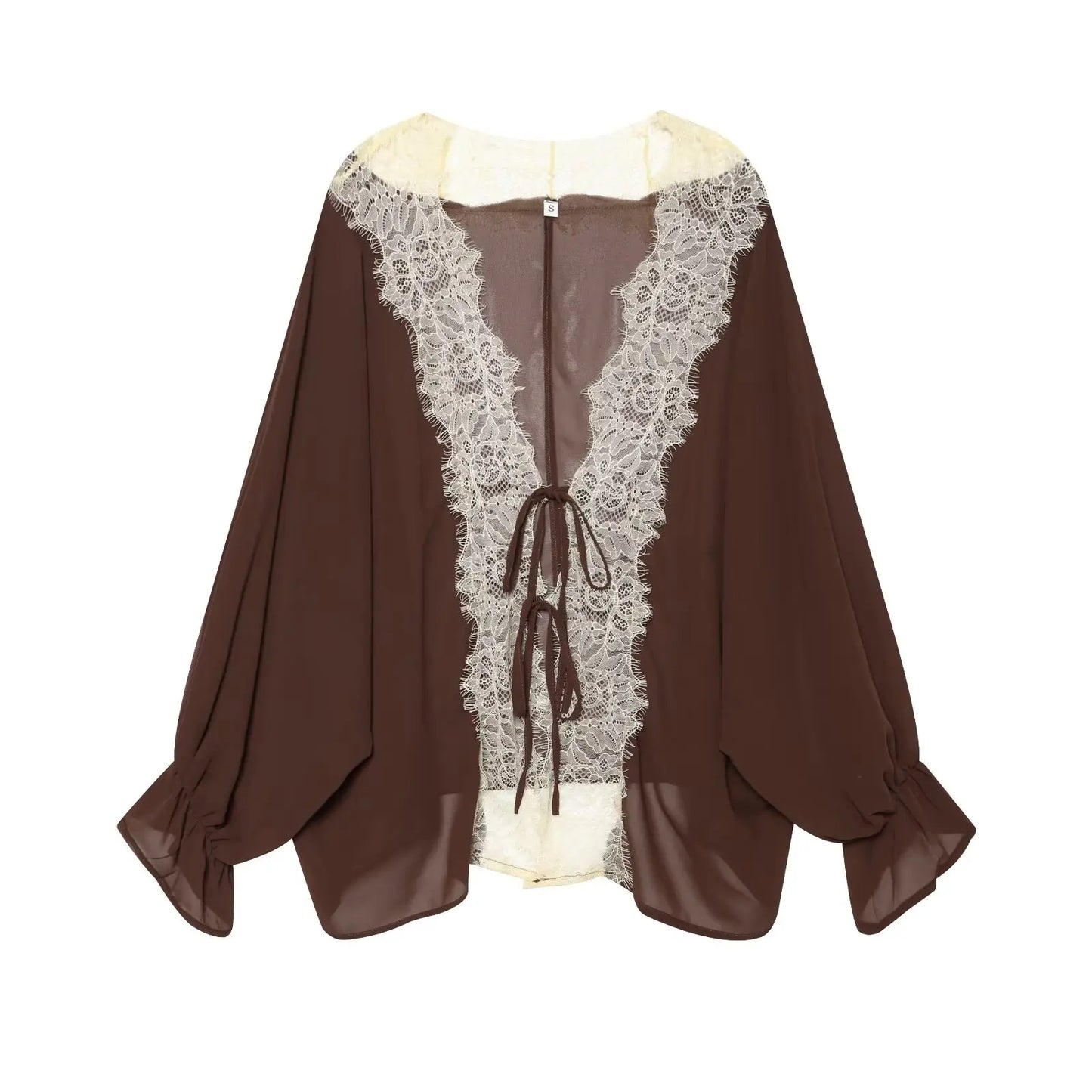 TFMLN Women Lace Patchwork Lantern Long Sleeve Shirt Top Tie-up Loose Sheer Blouse Elegant Irregular High Street Fashion Lady
