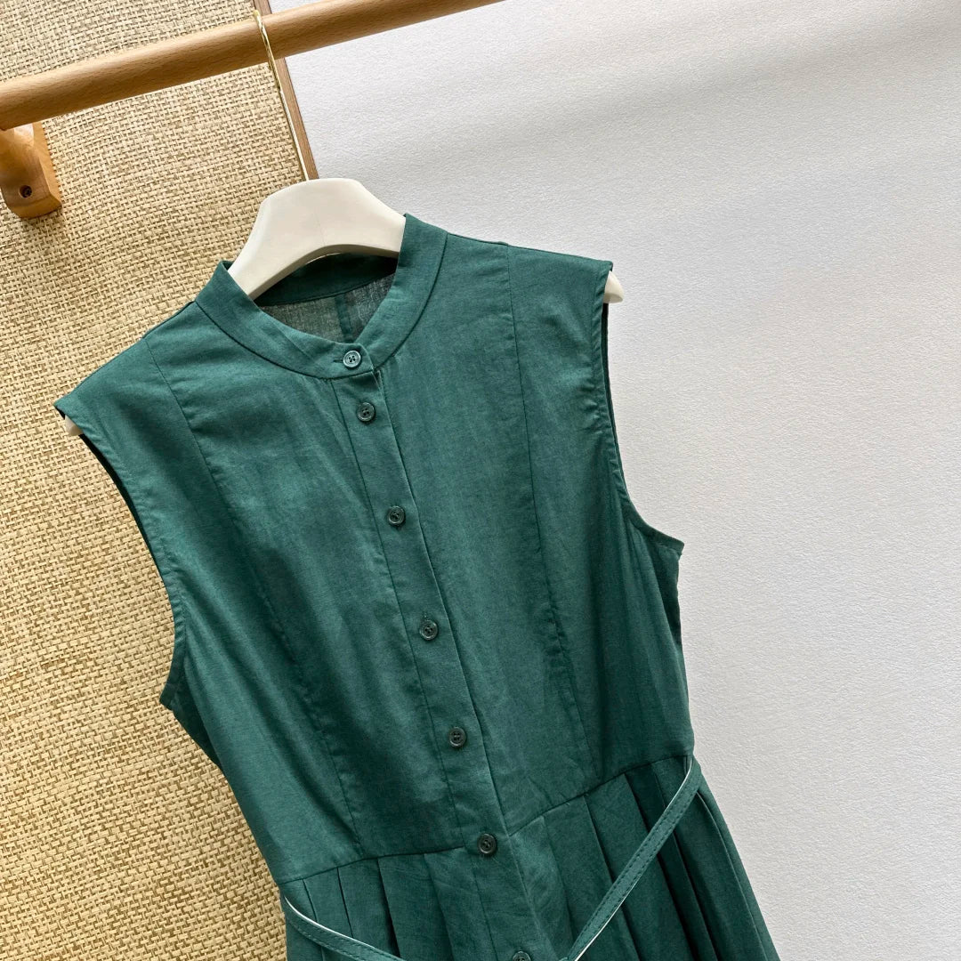Women's Sleeveless round Neck Button-Up Solid Color Dress Spring Summer Fashion Elegant Style 26702155