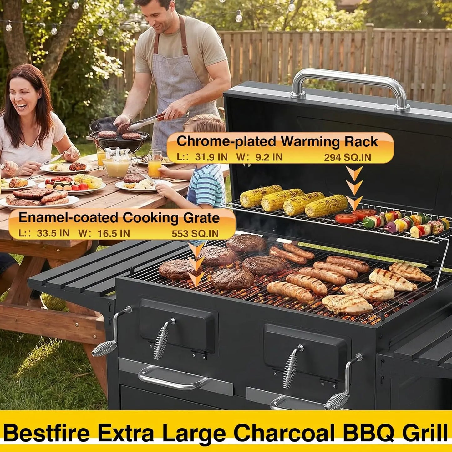 Large 63' Charcoal BBQ Grill & Smoker Outdoor with 2 Individual Lifting Charcoal Trays, Customized