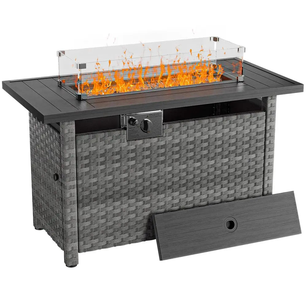 Fire Pit Table with Wind Guard for Outdoor, AutoIgnition Propane Gas Firepits Rattan Rectangular Table for Outside Patio 60,000