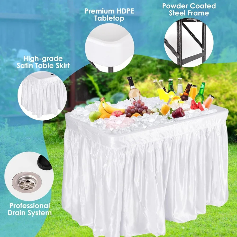 Folding Ice Cooler Table with Skirt, Drain & Bucket, Portable Buffet Beverage Server for Party, BBQ, Camping