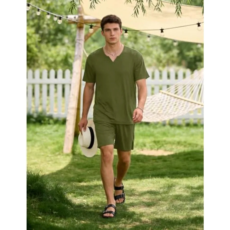 Sykooria Mens 3 Pcs Pajama Set Short Sleeve Sleepwear with Shorts and Pants Set Lightweight Soft Loungewear S-3XL