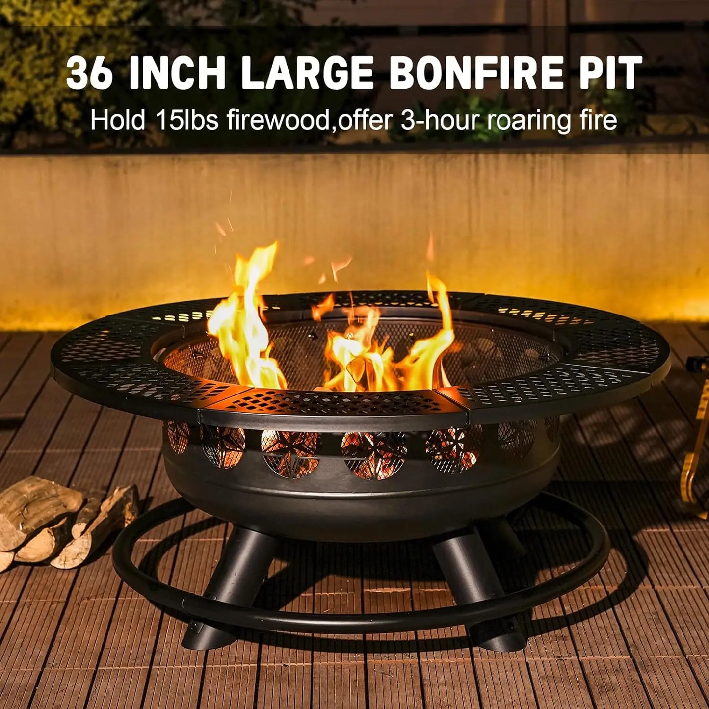 36 Inch Fire Pit with 2 Cooking Grills,Outdoor Wood Burning BBQ Firepit with Lid, 3-in-1 Outdoor Fire Pit for Backyard
