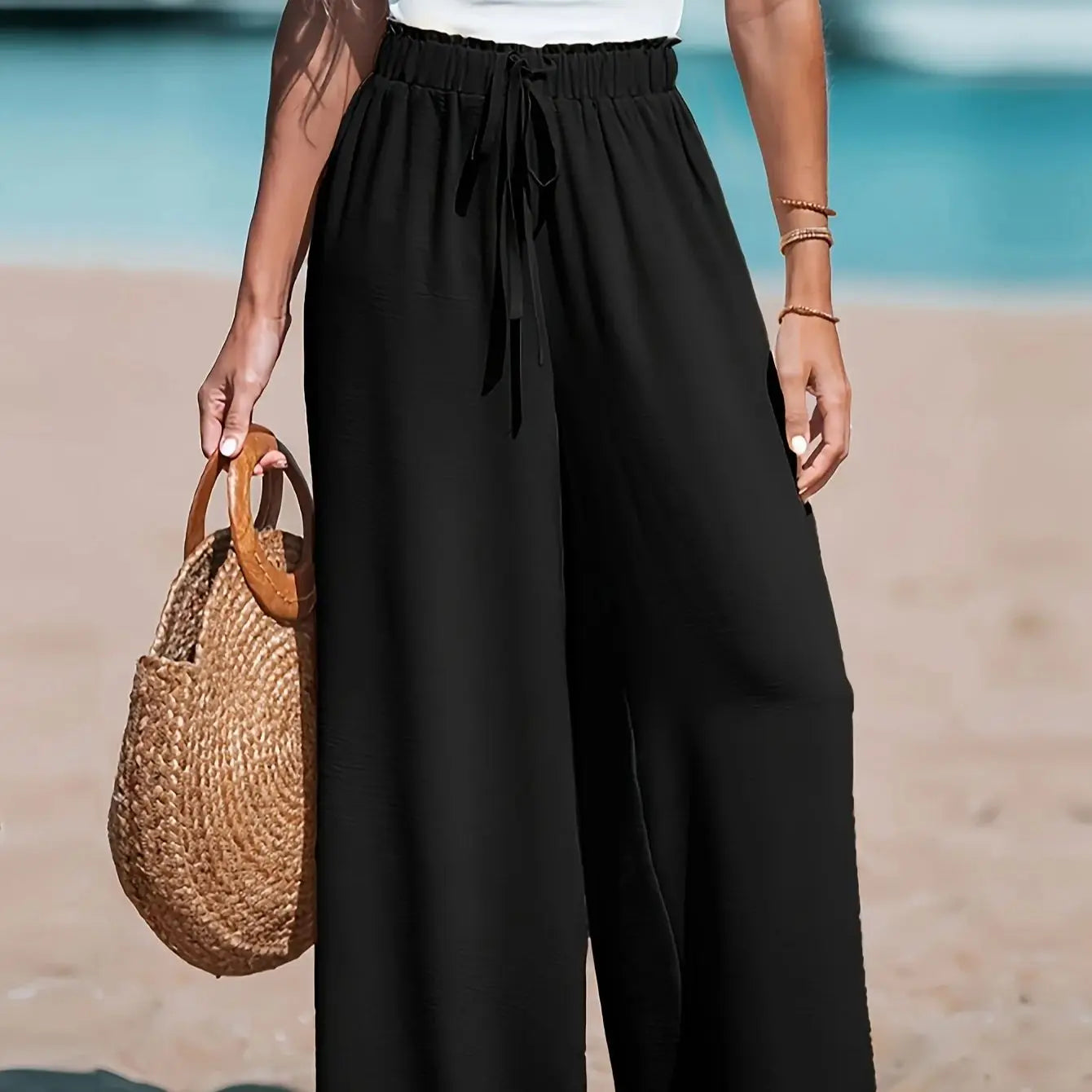 Women's Casual Wide Leg Pants - All Season Comfort Pockets Elastic Waist Loose Fit Solid Color Pants Suitable for Outdoor and Le