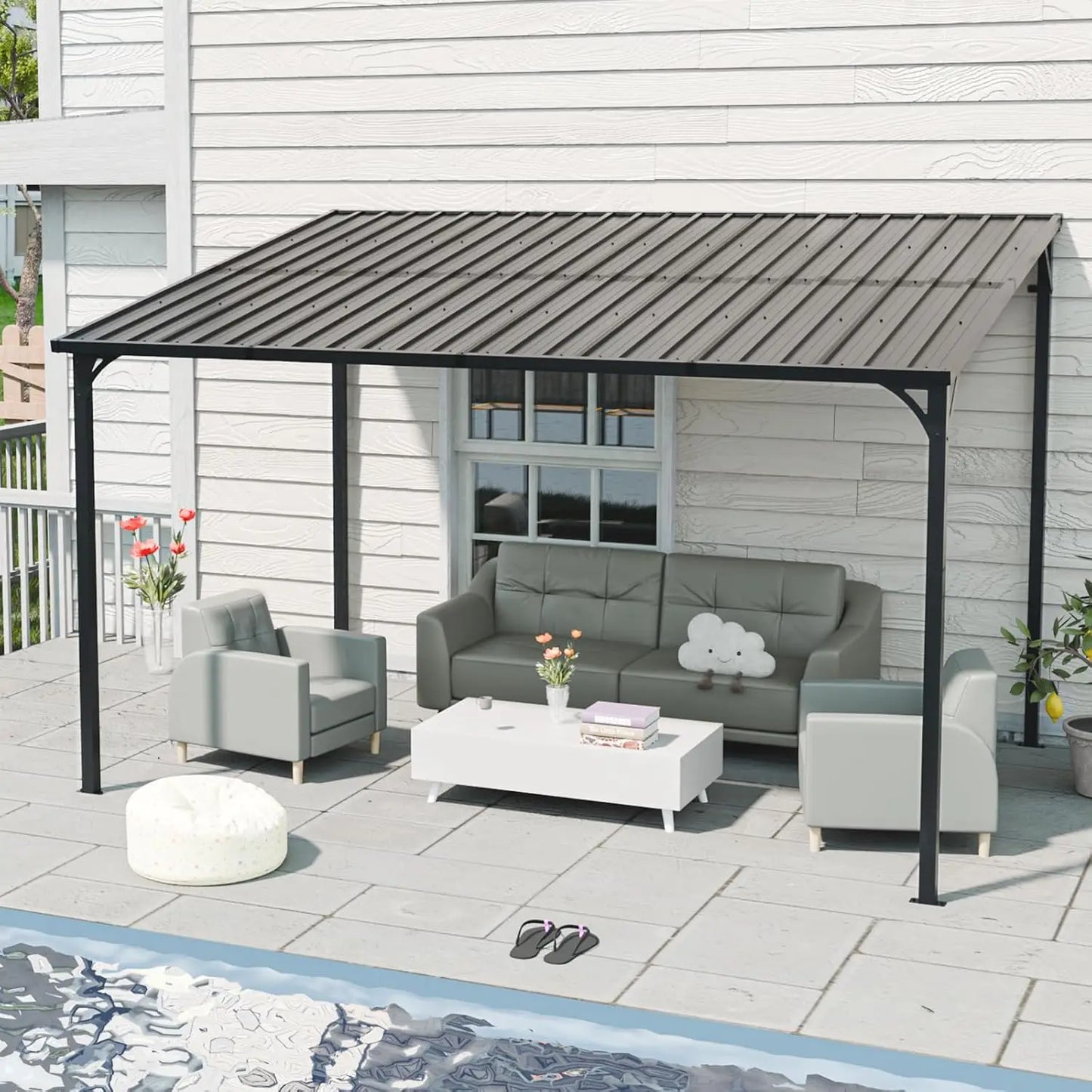 Patio Lean to Gazebo with Galvanized Steel Roof, 12x8 FT Outdoor Metal Wall-Mounted Pergola for Garden, Lawn, Poolside,, Custom