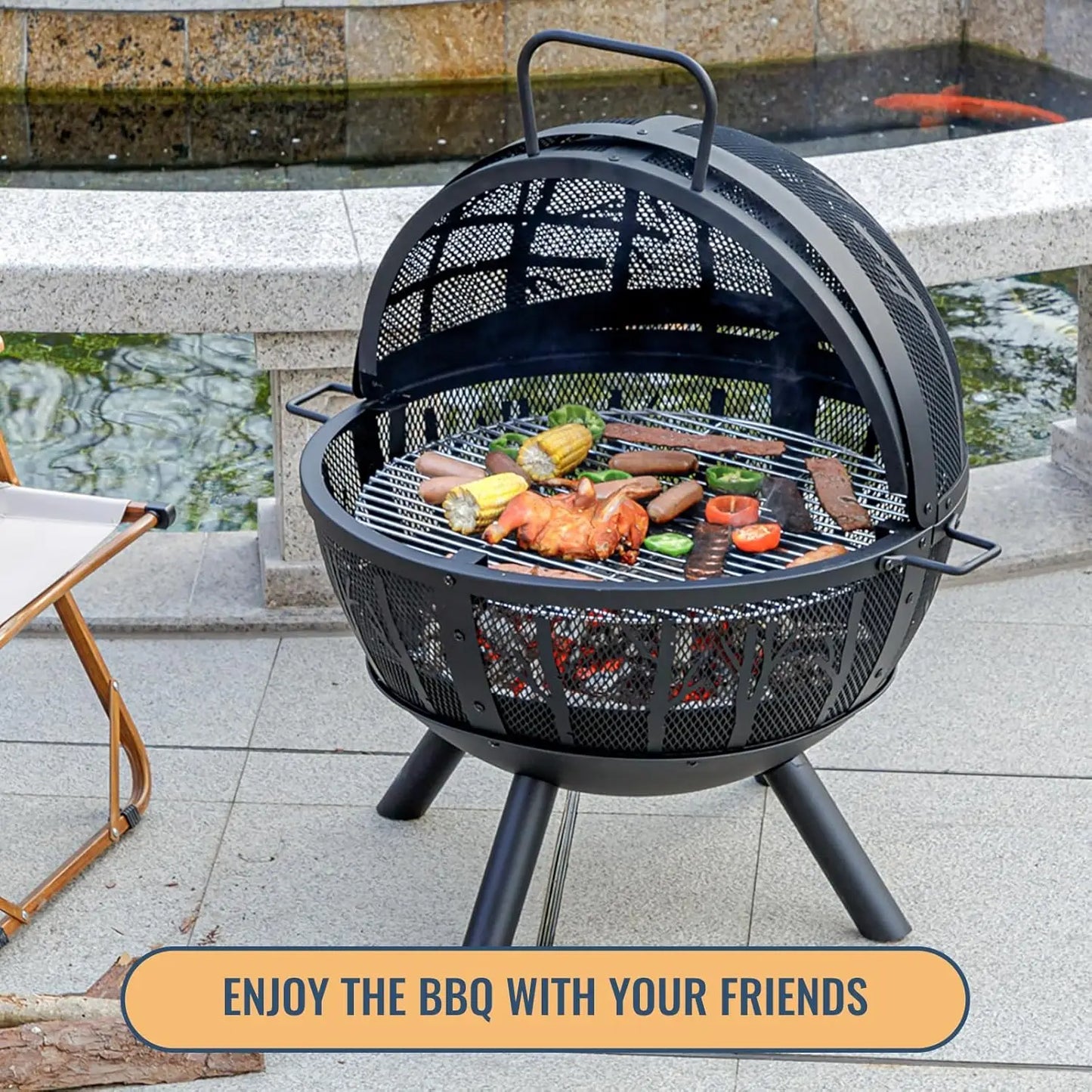 35 Inch Wood Burning Fire Pit with BBQ Grill, Heavy Duty Fire Pits Ball for Outside with Spark Screen & Removable Ash Pan,
