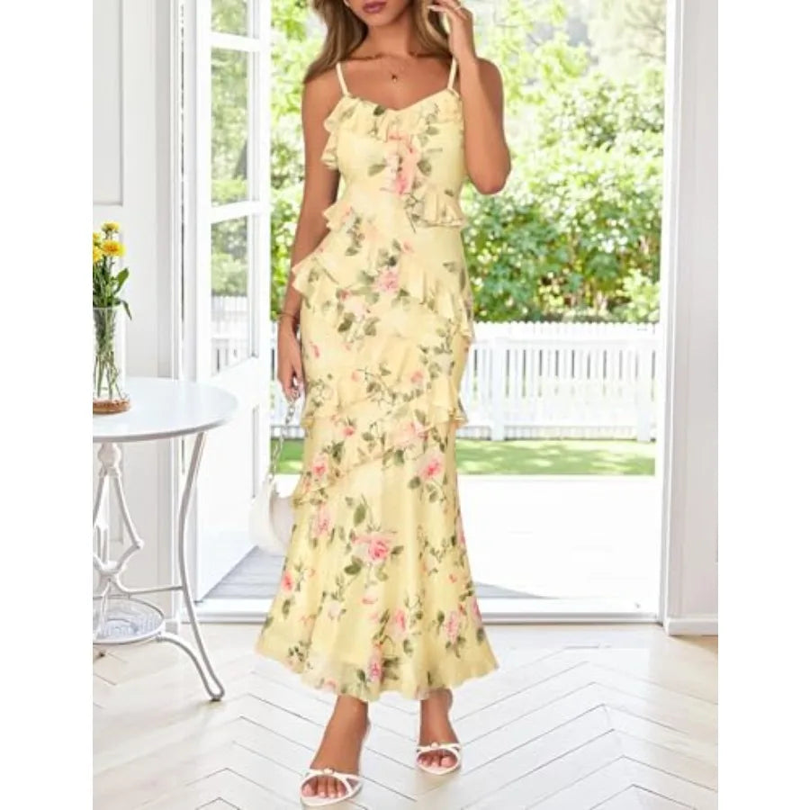 MEROKEETY Summer Floral Wedding Guest Maxi Dress Women 2026 Vacation Formal Bodycon Spaghetti Strap Cocktail Party Long Dress