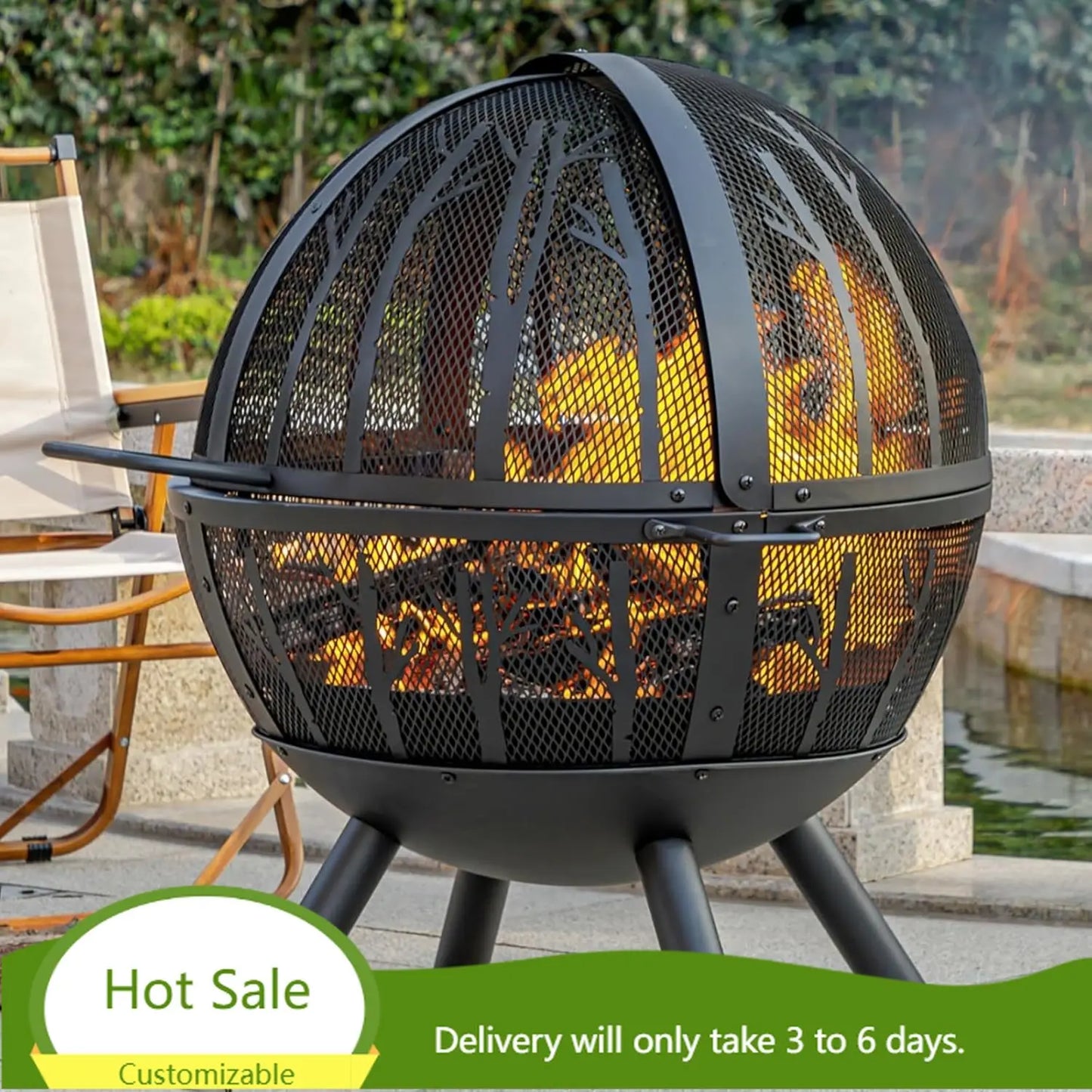 35 Inch Wood Burning Fire Pit with BBQ Grill, Heavy Duty Fire Pits Ball for Outside with Spark Screen & Removable Ash Pan,