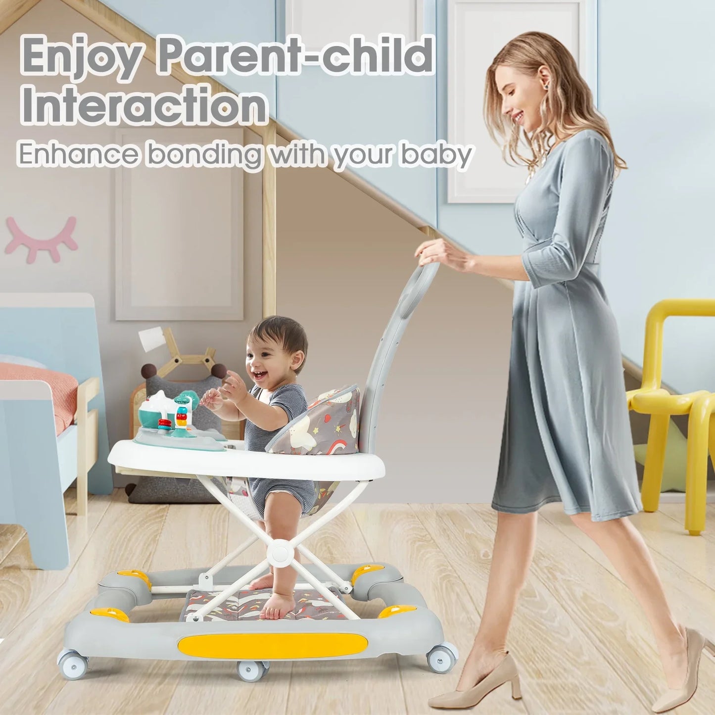 Foldable Baby Walkers With Universal Wheel Multifunction Anti-Roll Anti O-Leg Walker Handcart Learning Start Walker