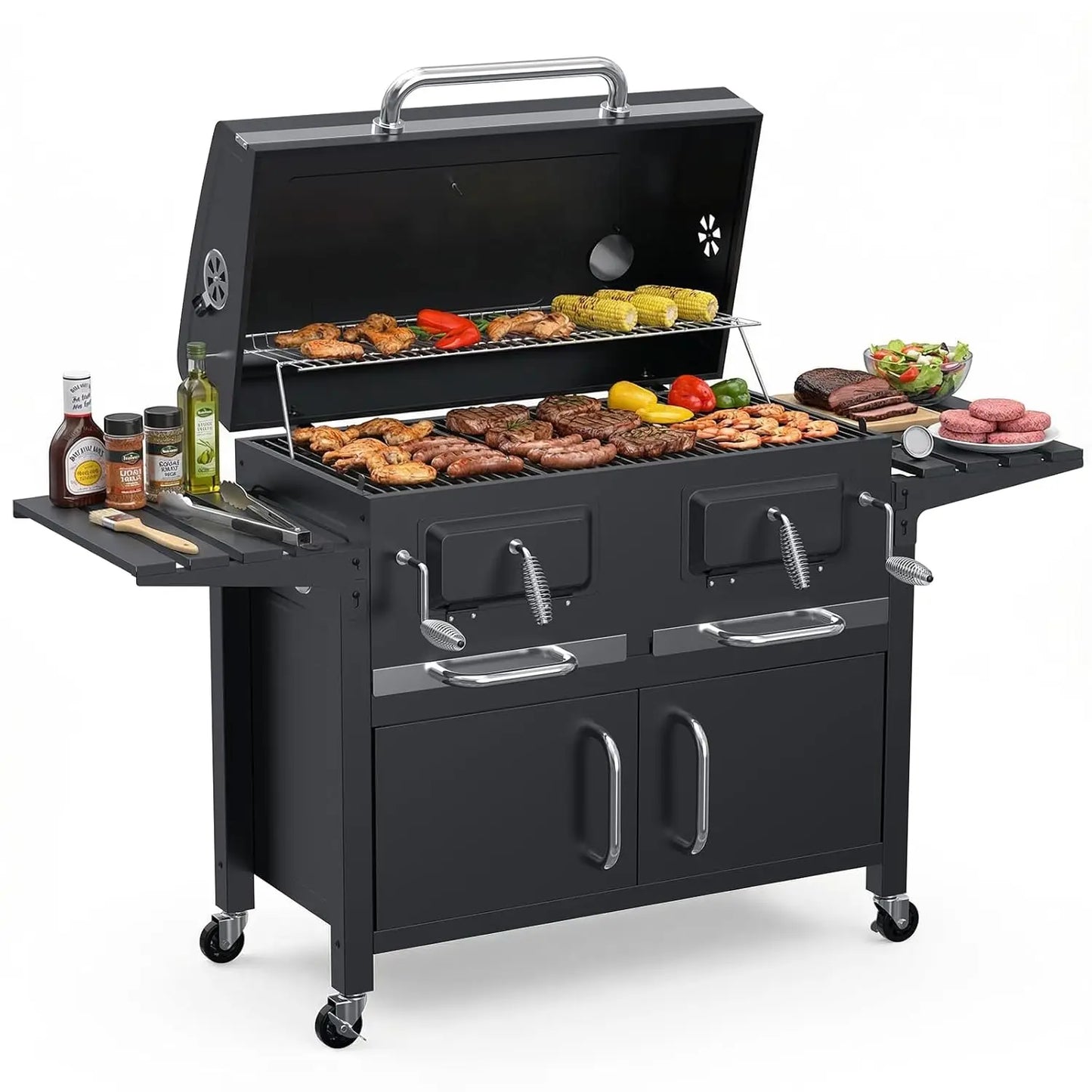 Large 63' Charcoal BBQ Grill & Smoker Outdoor with 2 Individual Lifting Charcoal Trays, Customized