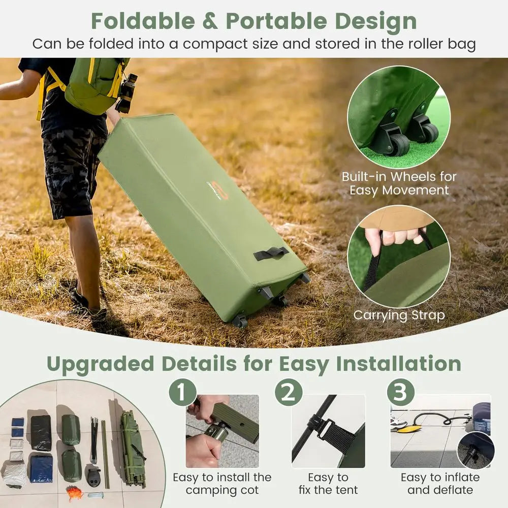 Camping Tent Cot, 5in1 Folding Camping Bed with Air Mattress, Pillow, Sleeping Bag, Waterproof Elevated Tent Shelter, Portable