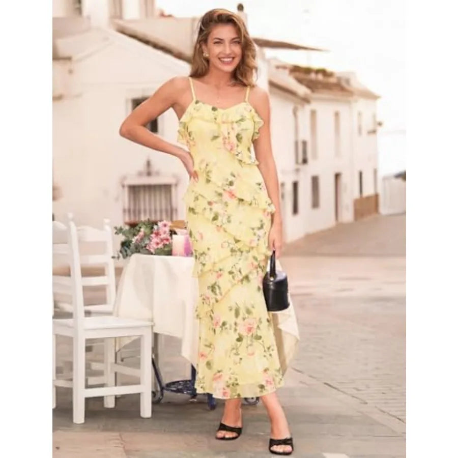 MEROKEETY Summer Floral Wedding Guest Maxi Dress Women 2026 Vacation Formal Bodycon Spaghetti Strap Cocktail Party Long Dress