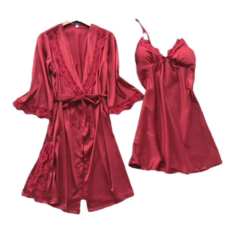 2PCS Female Lace Pajamas Set Satin Home Pyjamamas Lace Robe Sleep Suit V-Neck Wedding Nightwear Silk Dress Women Sleepwear
