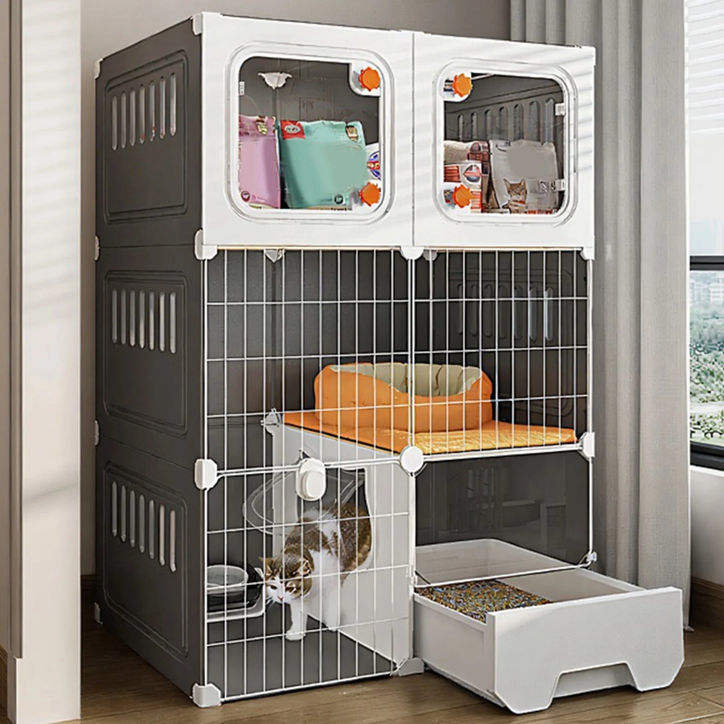Large Cat Cage Indoor Metal Wire Cat Enclosure with Storage Cube Cat Bed Cat Crate Indoor Catio Scratcher Cats Litter Box