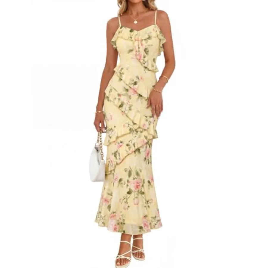 MEROKEETY Summer Floral Wedding Guest Maxi Dress Women 2026 Vacation Formal Bodycon Spaghetti Strap Cocktail Party Long Dress